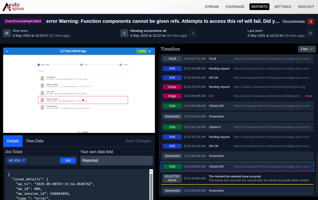 AutoExplore report showing a captured console error next to the timeline of user actions that led to it